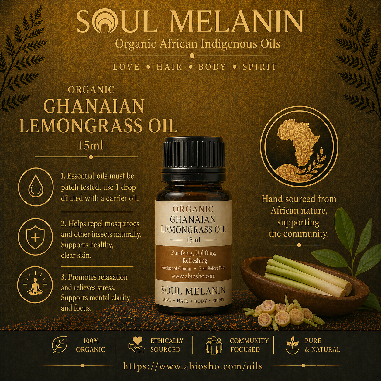 Soul Melanin Organic Lemongrass Essential Oil - 15ml